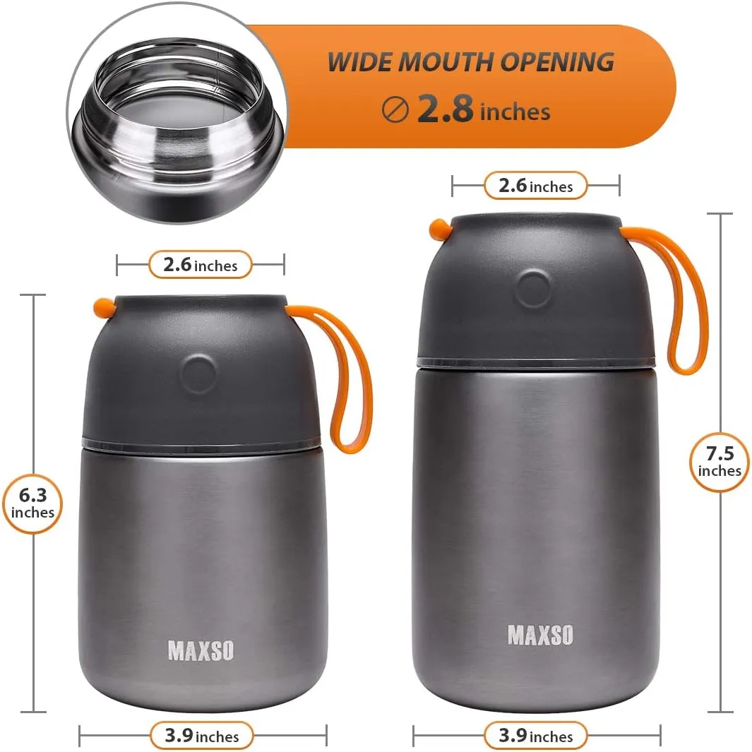 MAXSO 2 Pack Soup Thermo for Hot & Cold Food for Kids Adults, Vacuum Insulated Food Jar Thermal Lunch Containers, Travel Food Flask with Spoon (24 oz,17 oz) (Grey)