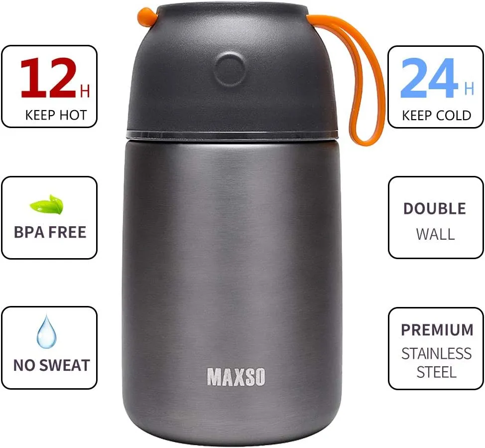 MAXSO 2 Pack Soup Thermo for Hot & Cold Food for Kids Adults, Vacuum Insulated Food Jar Thermal Lunch Containers, Travel Food Flask with Spoon (24 oz,17 oz) (Grey)