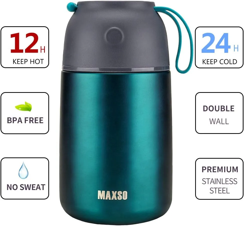 MAXSO Soup Thermo for Hot & Cold Food for Adults Kids, 17 oz Vacuum Insulated Steel Lunch Container Bento Box with Spoon, Leakproof Thermal Food Jar for School Office Travel - Green