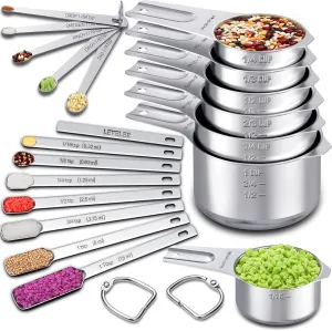 Measuring Cups and Spoons Set of 20, 7 Stainless Steel Nesting Measuring Cups & 7 Spoons, 1   Leveler & 5 Mini Measuring Spoons for Cooking & Baking