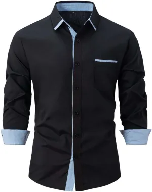 Mens Watches Button up Shirt Men Casual Long Sleeve Stretch Dress Shirt for Men Wrinkle-Free Regular Fit Button Down Shirts Contrast Inner Collar Business Top(Black,Large)