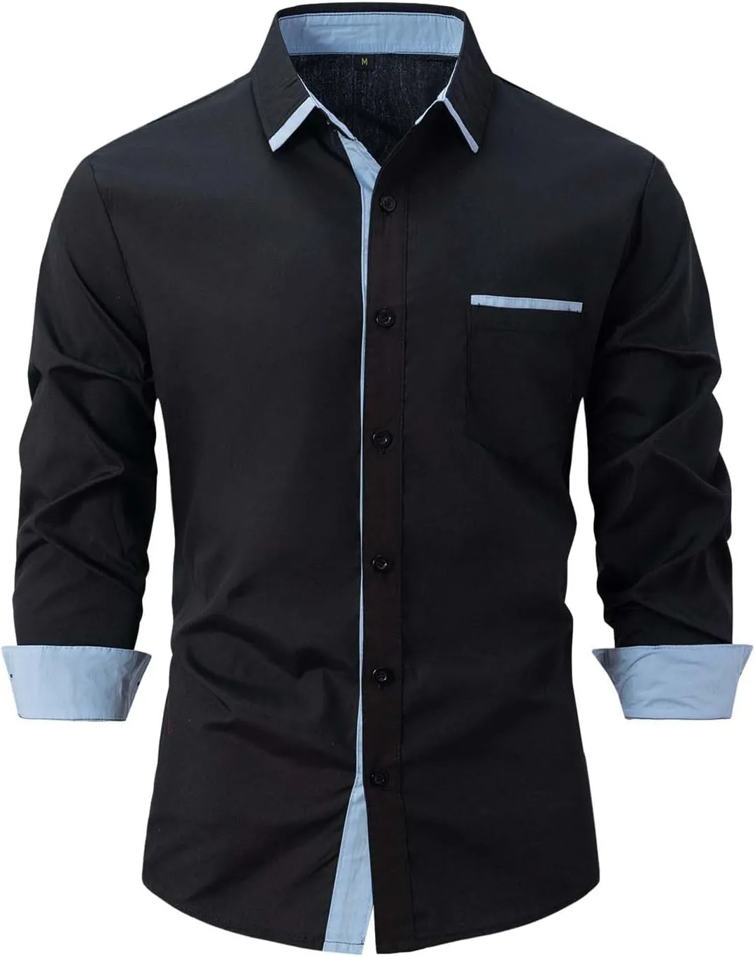 Mens Watches Button up Shirt Men Casual Long Sleeve Stretch Dress Shirt for Men Wrinkle-Free Regular Fit Button Down Shirts Contrast Inner Collar Business Top(Black,Large)