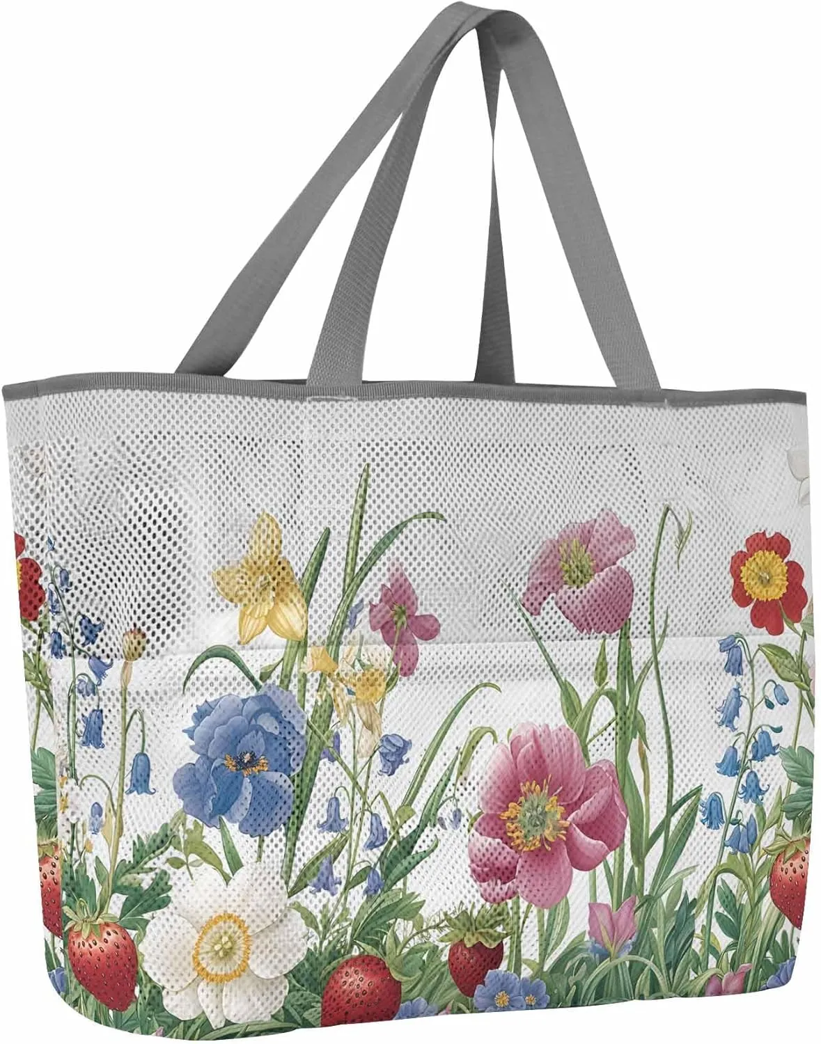 Mesh Beach Bag Oversized Tote Bags for Women Country Flower Strawberry Green Foliage Large Travel Pool Bags with 8 Pockets