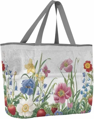 Mesh Beach Bag Oversized Tote Bags for Women Country Flower Strawberry Green Foliage Large Travel Pool Bags with 8 Pockets
