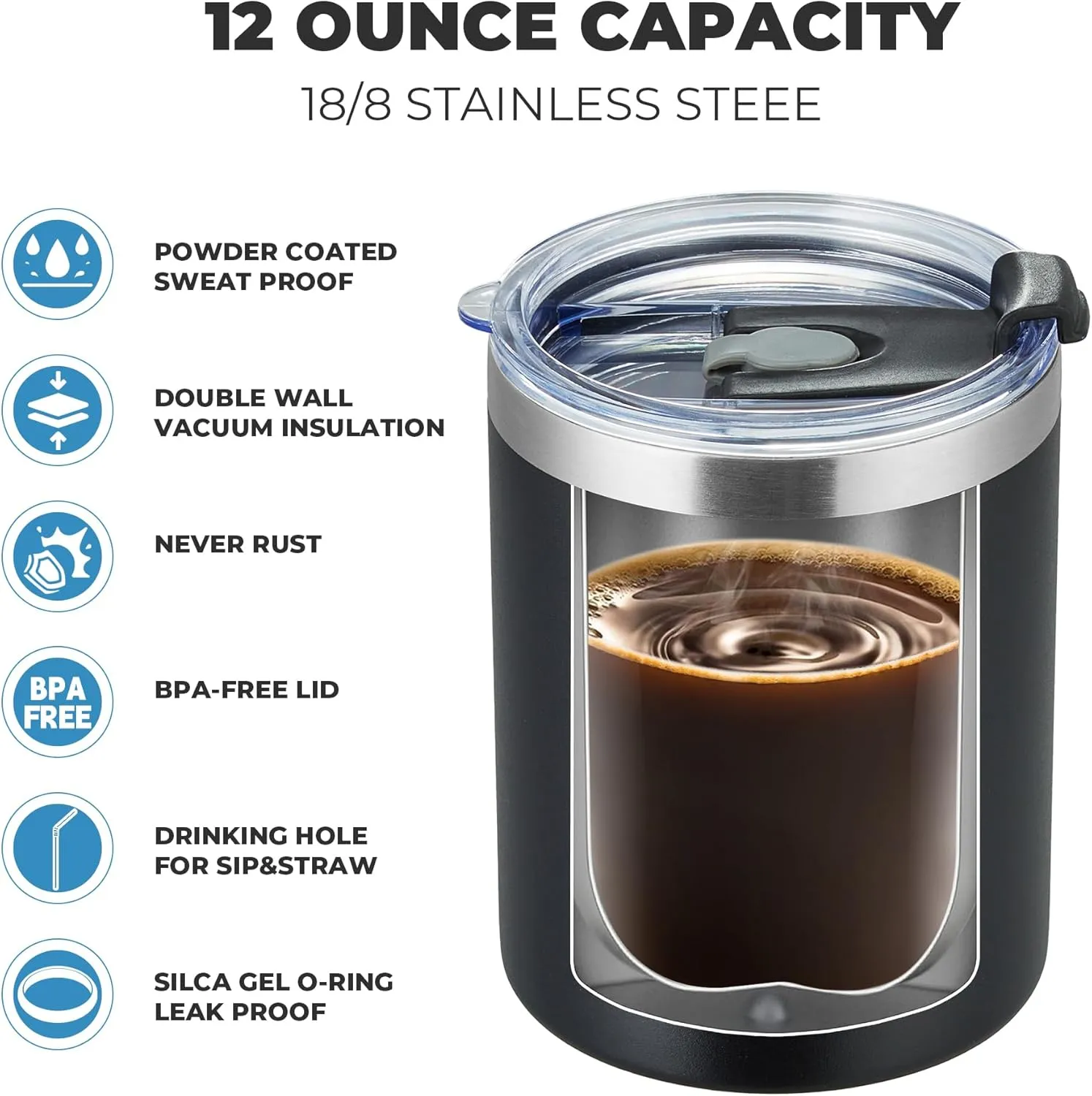 MEWAY 12 oz Lowball, Tumbler Stainless Steel Double Wall Vacuum Insulated Mug with Straw and Lid, Cleaning Brush ，Durable Powder Coated Insulated Coffee Cup for Cold & Hot Drinks (MIX,4 pack)