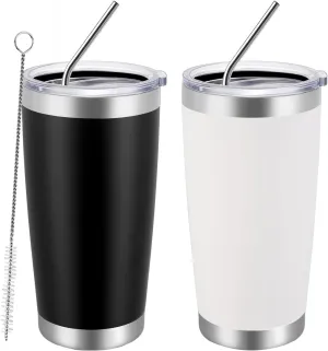 MEWAY 20oz Tumbler 2 Pack Double Wall Vacuum Insulated Travel Mug Bulk, Mix Color Stainless Steel Tumblers with Lid and Straw, Durable Powder Coated Coffee Cups for Cold & Hot Drinks（Mix Color, 2