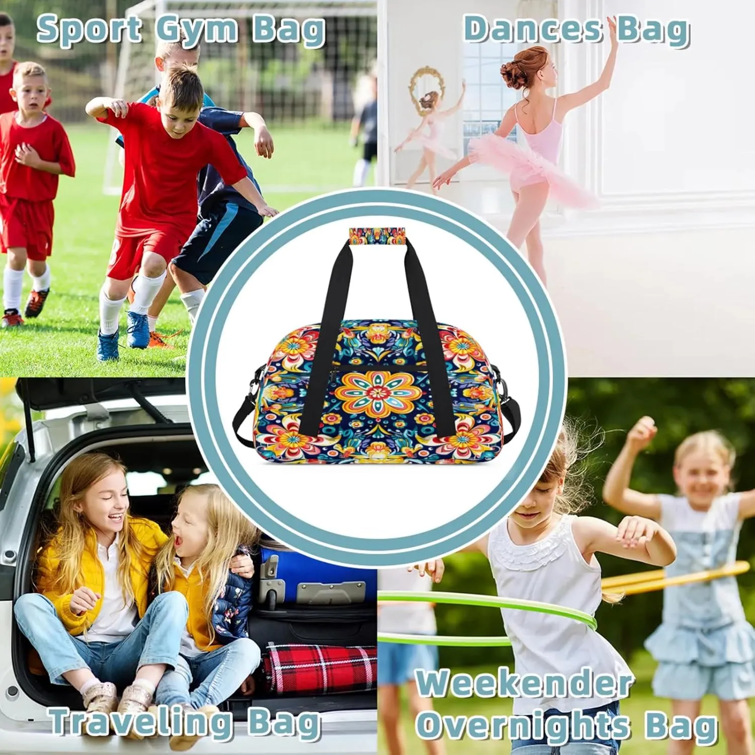 Mexican Flower Small Gym Bag 18 inch Carry On Duffel Bag for Weekender Travel Sports Workout Yoga Gymnastics Dance Ballet