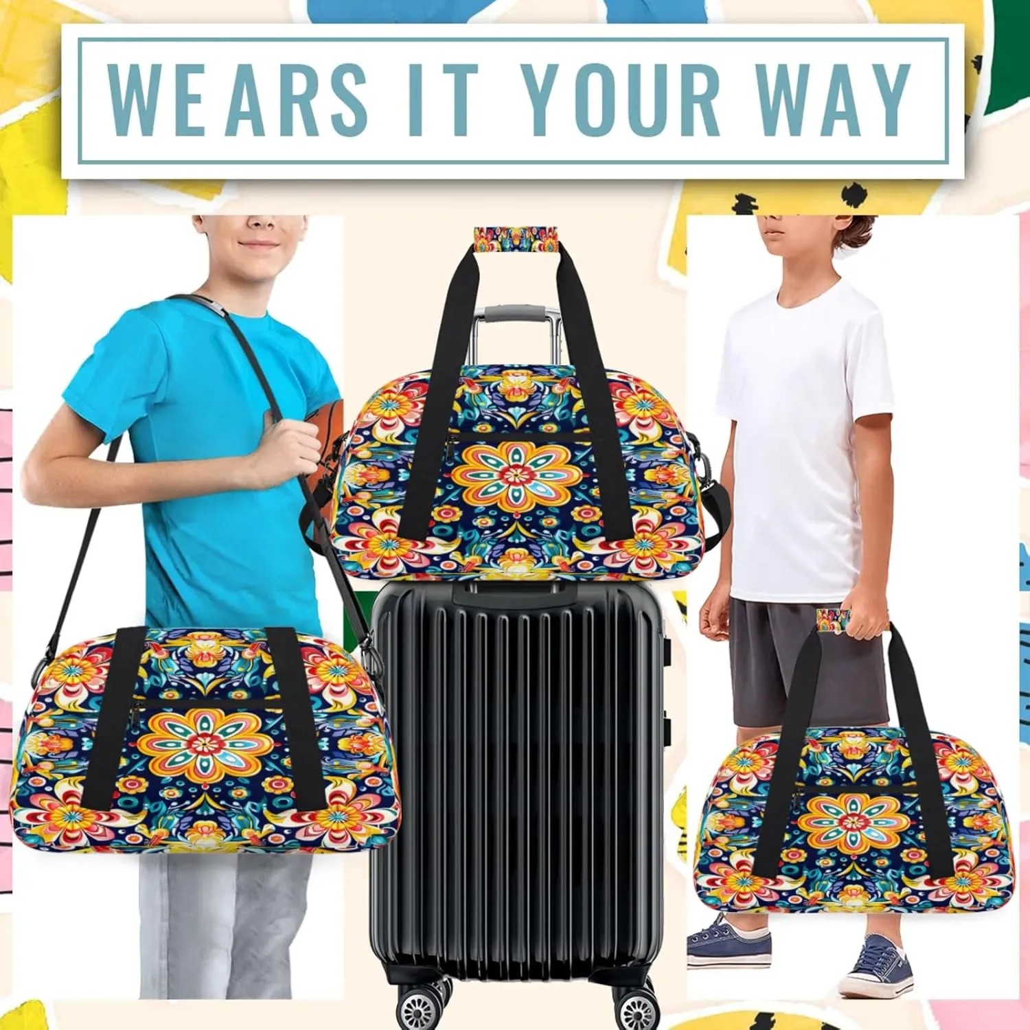 Mexican Flower Small Gym Bag 18 inch Carry On Duffel Bag for Weekender Travel Sports Workout Yoga Gymnastics Dance Ballet