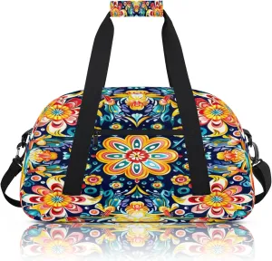 Mexican Flower Small Gym Bag 18 inch Carry On Duffel Bag for Weekender Travel Sports Workout Yoga Gymnastics Dance Ballet