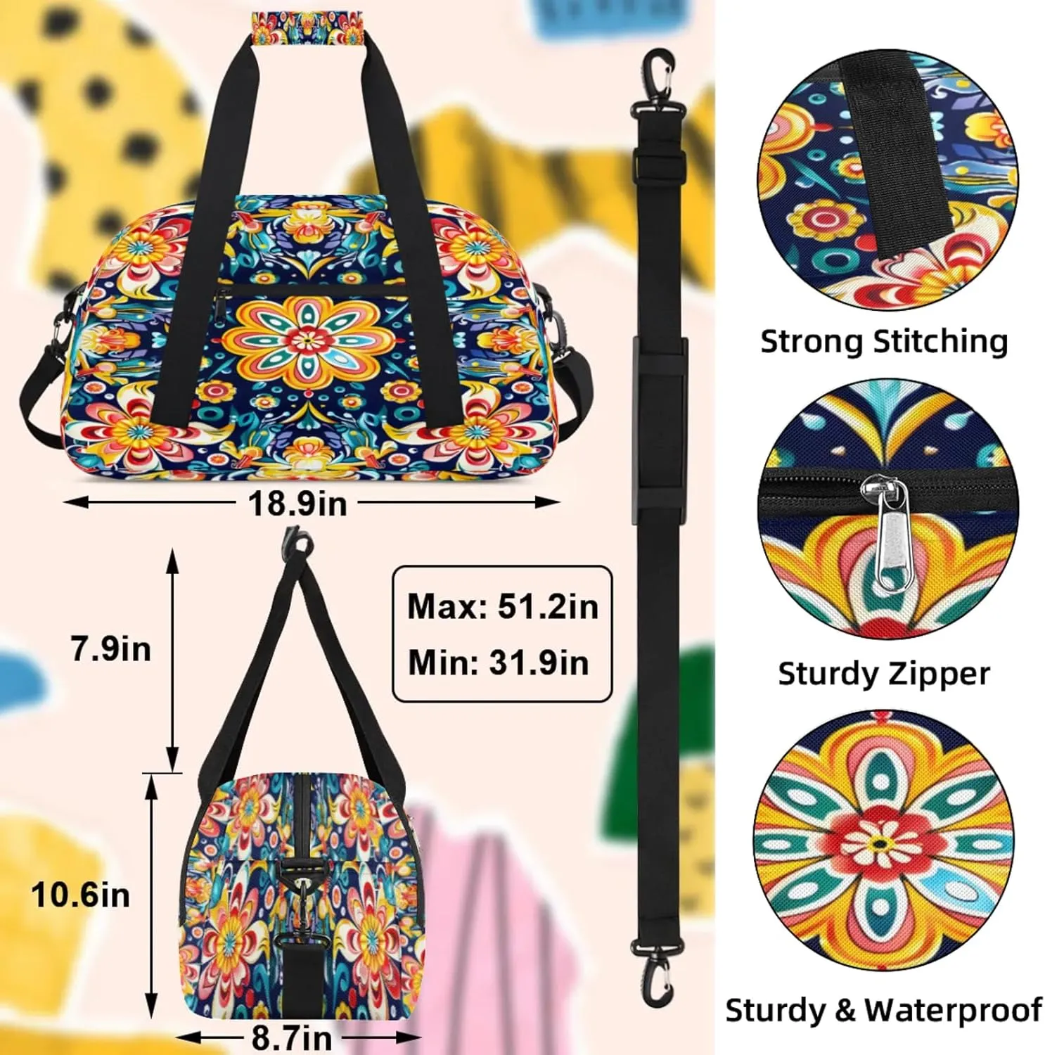 Mexican Flower Small Gym Bag 18 inch Carry On Duffel Bag for Weekender Travel Sports Workout Yoga Gymnastics Dance Ballet