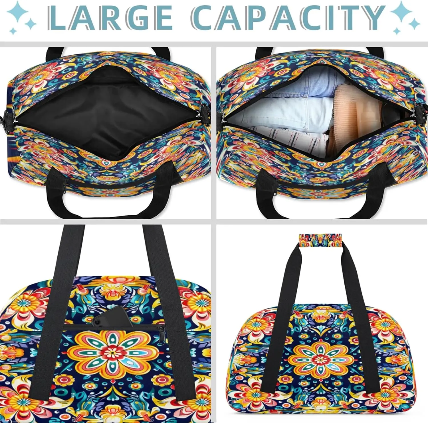 Mexican Flower Small Gym Bag 18 inch Carry On Duffel Bag for Weekender Travel Sports Workout Yoga Gymnastics Dance Ballet