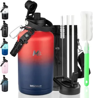 MEZMUT 64oz Vacuum Insulated Water Bottle with Paracord Handle,Carrying Bag Keep Cold 48H Hot 24H,Stainless Steel Thermo Water Flask with Straw & Spout Lids,1.8L Water Jug for Sports Camping Hiking