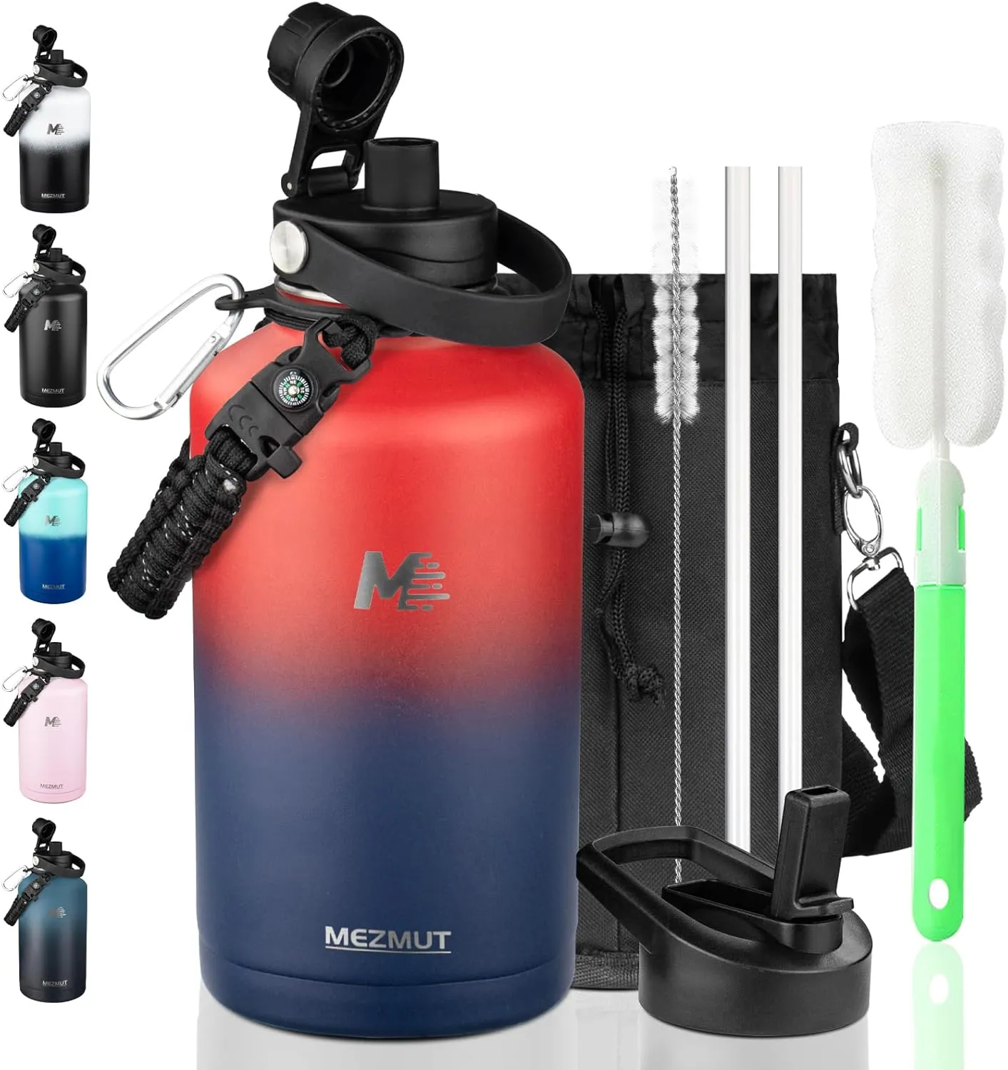 MEZMUT 64oz Vacuum Insulated Water Bottle with Paracord Handle,Carrying Bag Keep Cold 48H Hot 24H,Stainless Steel Thermo Water Flask with Straw & Spout Lids,1.8L Water Jug for Sports Camping Hiking
