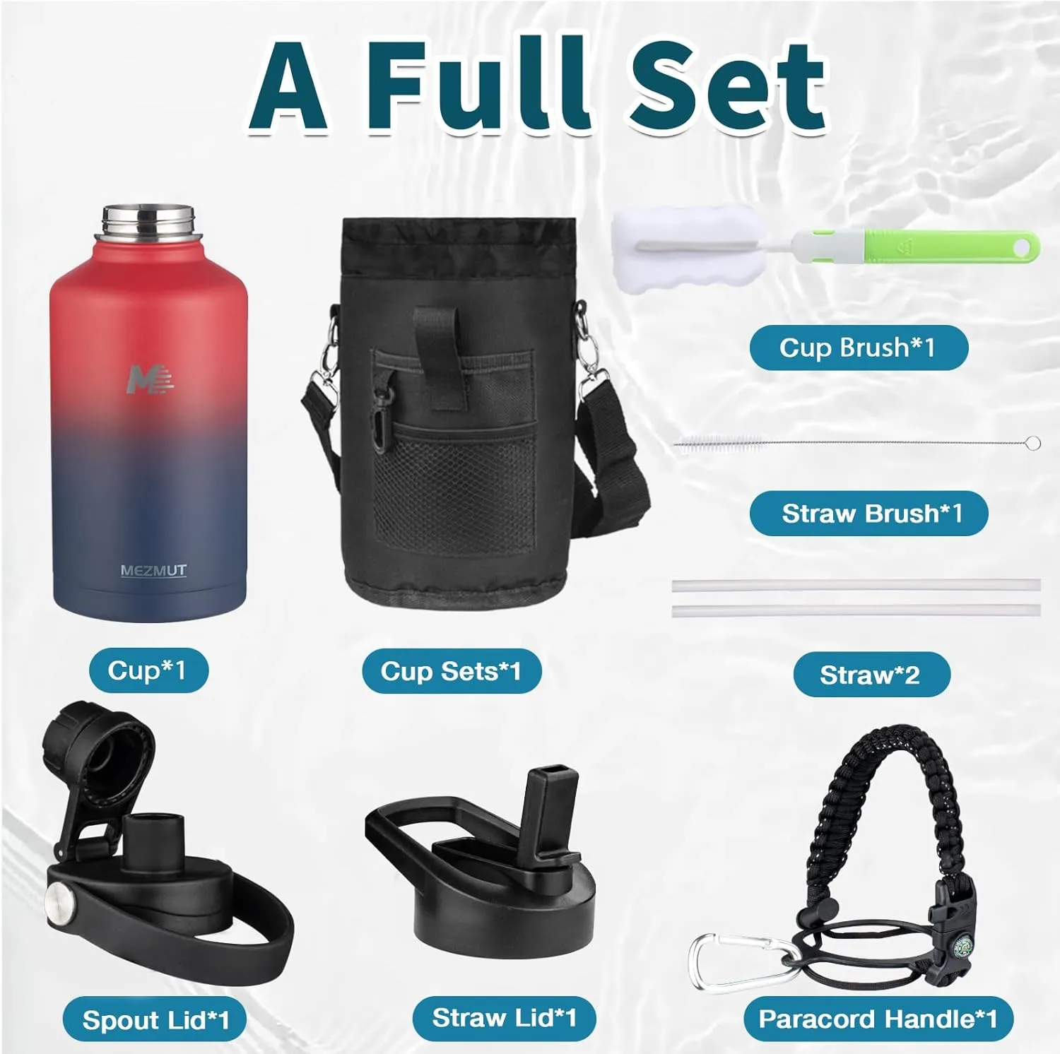 MEZMUT 64oz Vacuum Insulated Water Bottle with Paracord Handle,Carrying Bag Keep Cold 48H Hot 24H,Stainless Steel Thermo Water Flask with Straw & Spout Lids,1.8L Water Jug for Sports Camping Hiking