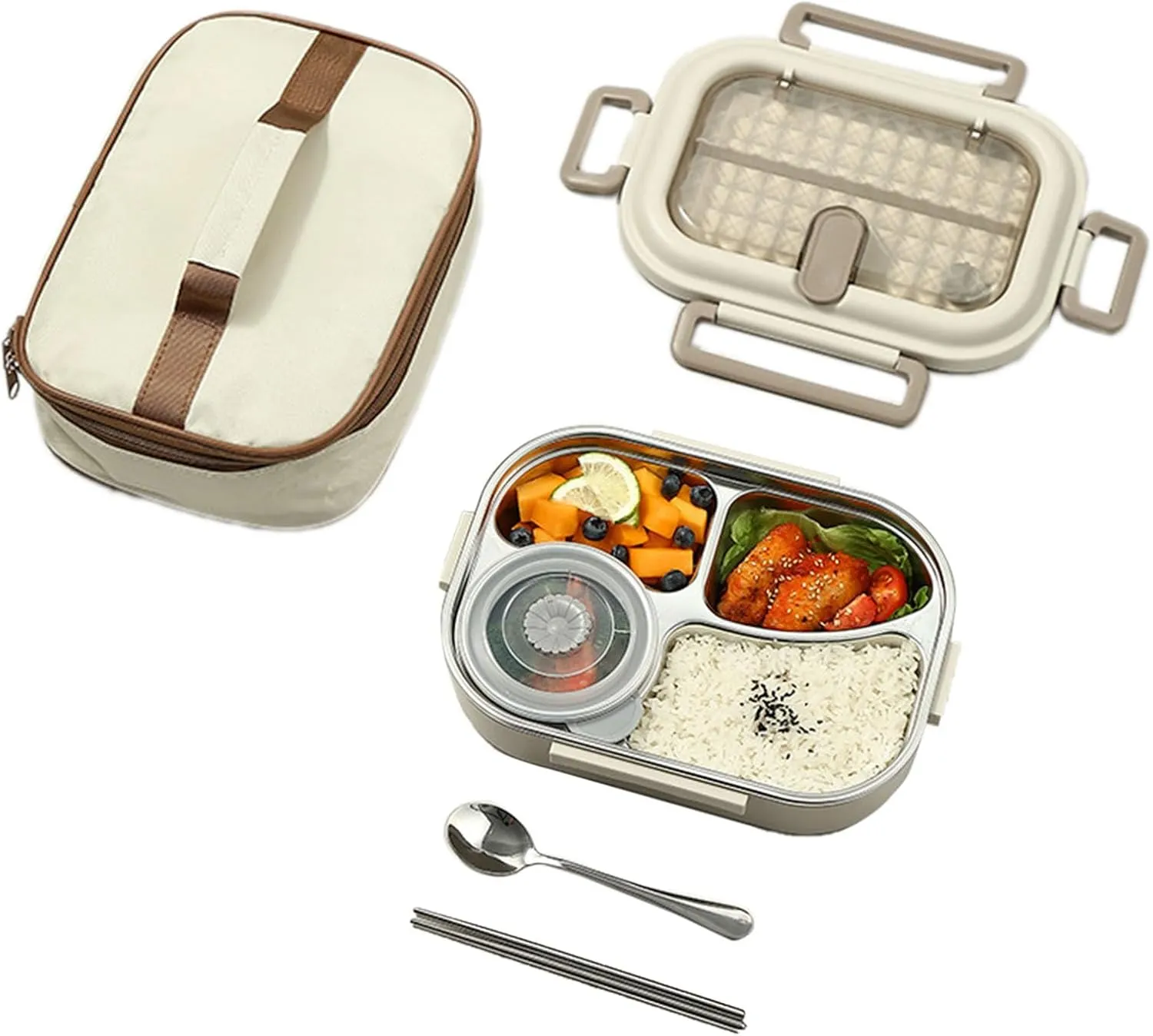 Microwaveable Stainless Steel Insulated Bento Bo X 1500/2000ml(Large Capacity Partition) With Soup Bowl Spoon Fork And Bag (B, One Size)