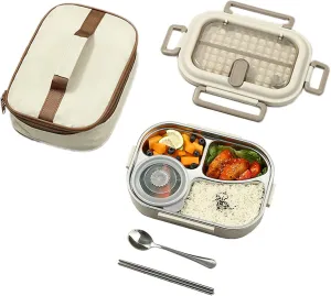 Microwaveable Stainless Steel Insulated Bento Bo X 1500/2000ml(Large Capacity Partition) With Soup Bowl Spoon Fork And Bag (B, One Size)