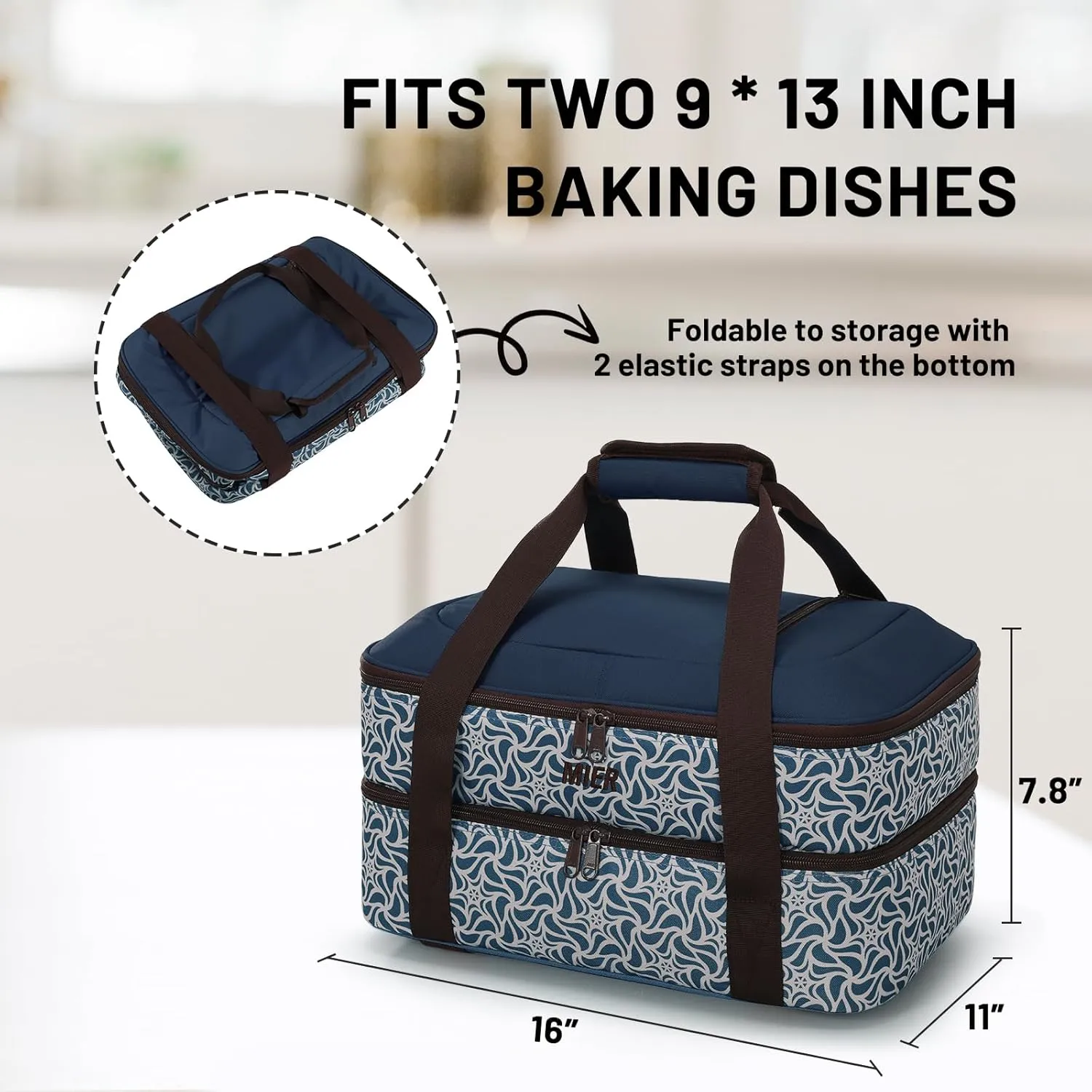 MIER Insulated Casserole Carrier Fits 9"x13" Baking Dishes/Foil Pans, Double Food Carriers Bag Thermal Holder for Hot or Cold Food Lasagna Lugger Potluck Parties Picnic Travel, Deep Blue
