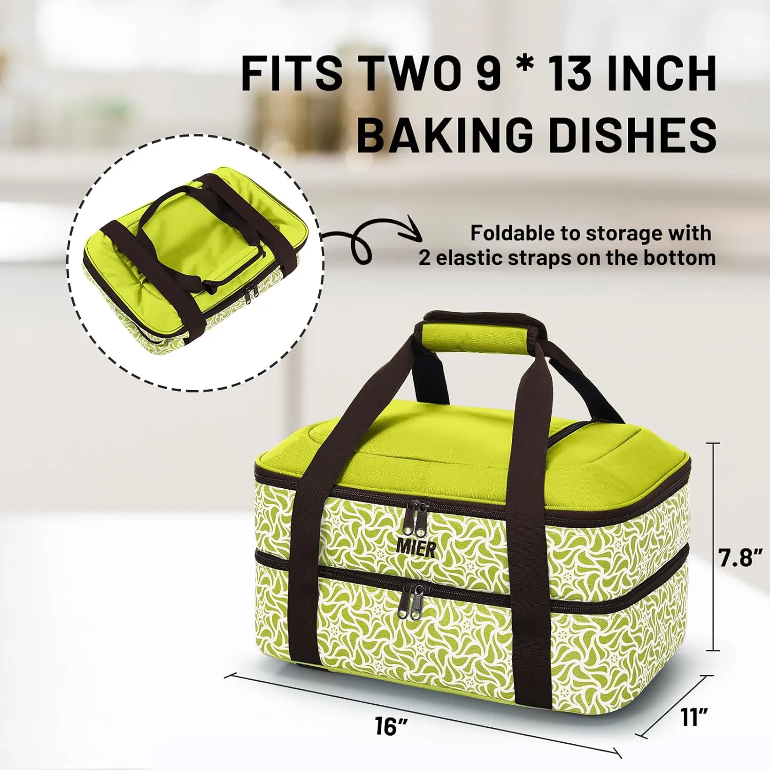 MIER Insulated Casserole Carrier Fits 9"x13" Baking Dishes/Foil Pans, Double Food Carriers Bag Thermal Holder for Hot or Cold Food Lasagna Lugger Potluck Parties Picnic Travel, Green