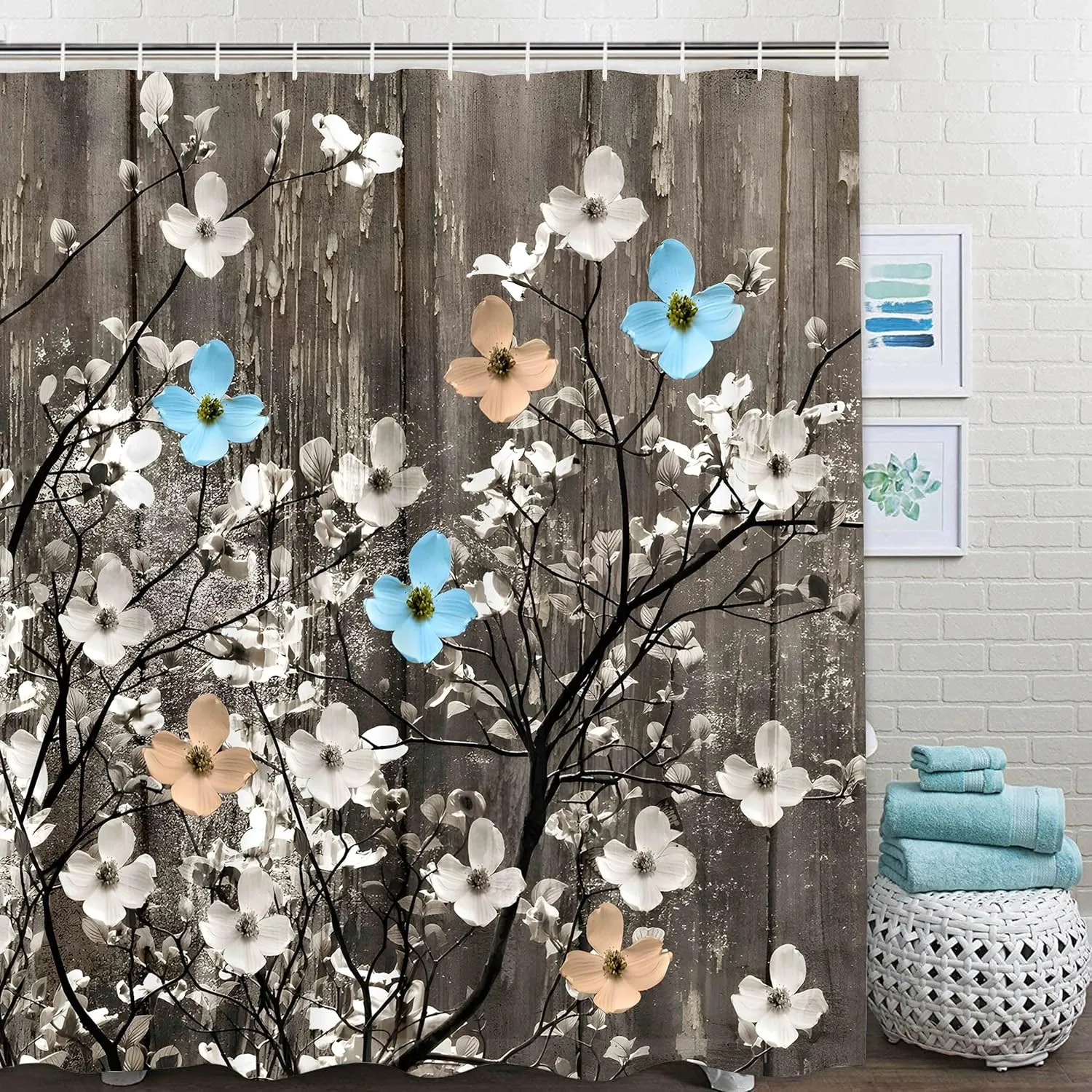 Miffrank Rustic Shower Curtain Set Grey Watercolor Flower Bath Curtain 12 Hooks Country Farm Style Fabric Wooden Background Waterproof Shower Curtains 72×72 Inches