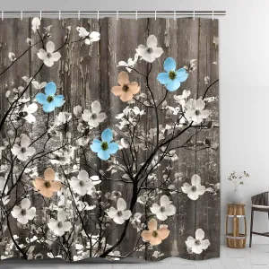 Miffrank Rustic Shower Curtain Set Grey Watercolor Flower Bath Curtain 12 Hooks Country Farm Style Fabric Wooden Background Waterproof Shower Curtains 72×72 Inches