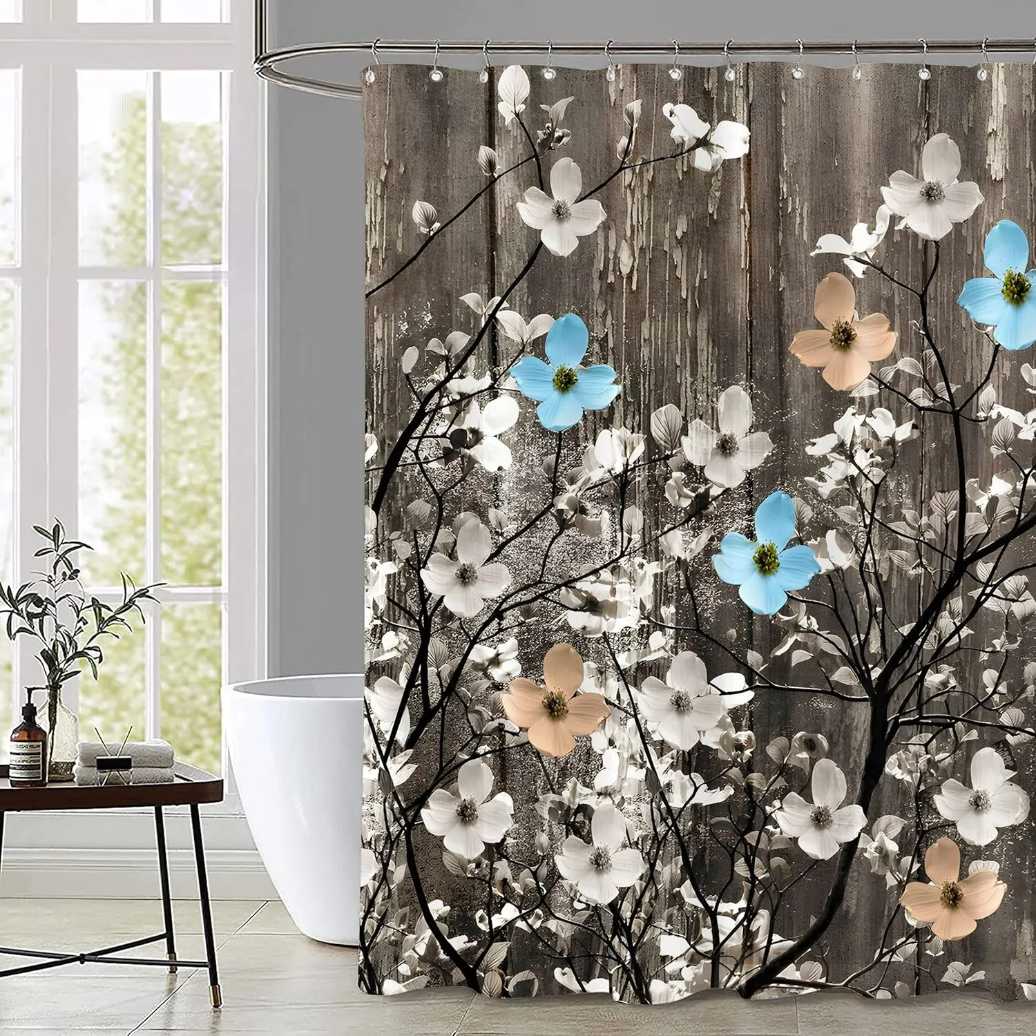Miffrank Rustic Shower Curtain Set Grey Watercolor Flower Bath Curtain 12 Hooks Country Farm Style Fabric Wooden Background Waterproof Shower Curtains 72×72 Inches