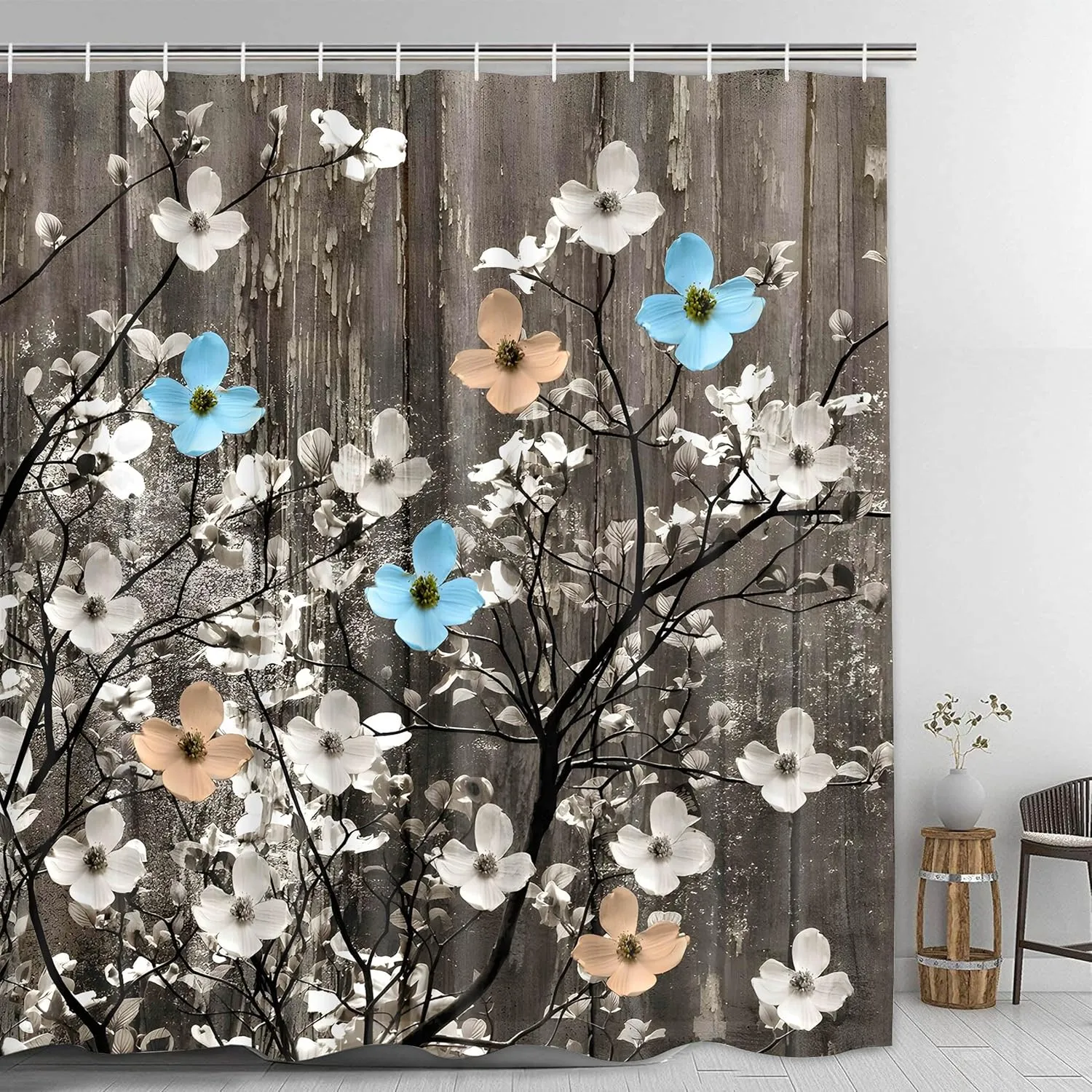 Miffrank Rustic Shower Curtain Set Grey Watercolor Flower Bath Curtain 12 Hooks Country Farm Style Fabric Wooden Background Waterproof Shower Curtains 72×72 Inches