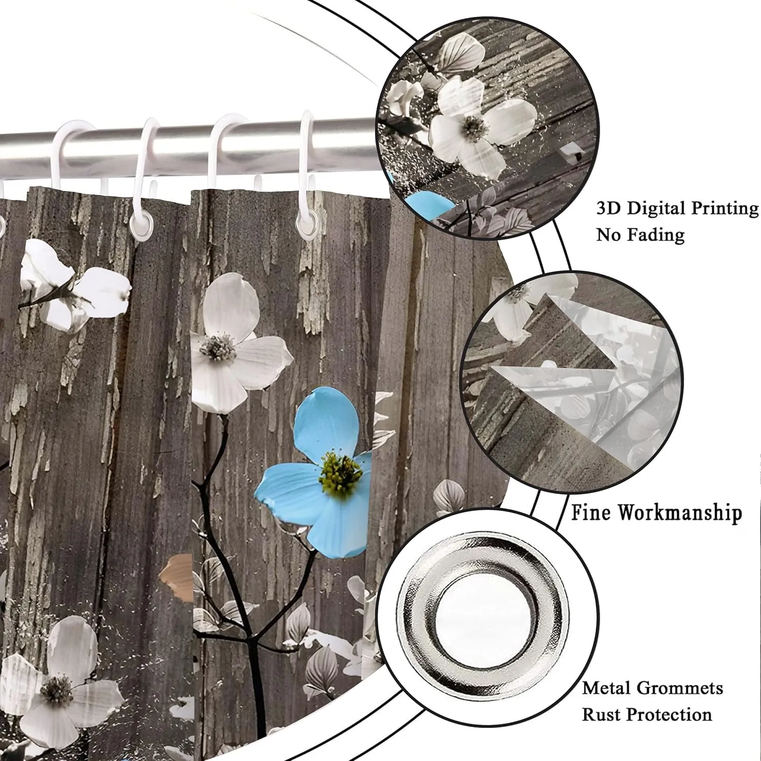 Miffrank Rustic Shower Curtain Set Grey Watercolor Flower Bath Curtain 12 Hooks Country Farm Style Fabric Wooden Background Waterproof Shower Curtains 72×72 Inches