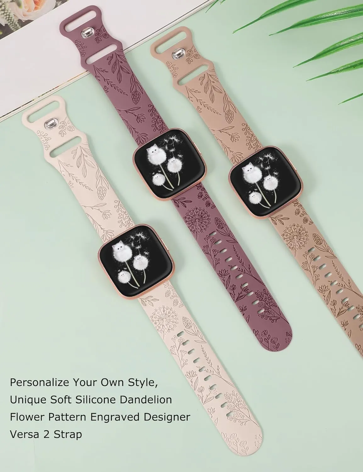 Minyee 3 Packs Floral Engraved Band Compatible with Fitbit Versa 2 Band/Versa Lite/Versa Band Women, Cute Soft Silicone Dandelion Flower Pattern Sport Designer Fancy Summer Strap for Versa 2