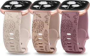 Minyee 3 Packs Floral Engraved Band Compatible with Fitbit Versa 2 Band/Versa Lite/Versa Band Women, Cute Soft Silicone Dandelion Flower Pattern Sport Designer Fancy Summer Strap for Versa 2