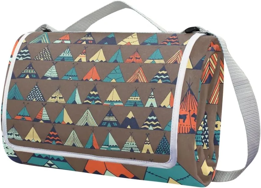 MNSRUU Picnic Blanket Waterproof Foldable, Boho Native Tent Illustration Large Outdoor Picnic Blanket Beach Blankets Camping Blanket Travel Mat, Shoulder Strap Tote, Rectangle 57x59in