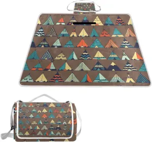 MNSRUU Picnic Blanket Waterproof Foldable, Boho Native Tent Illustration Large Outdoor Picnic Blanket Beach Blankets Camping Blanket Travel Mat, Shoulder Strap Tote, Rectangle 57x59in