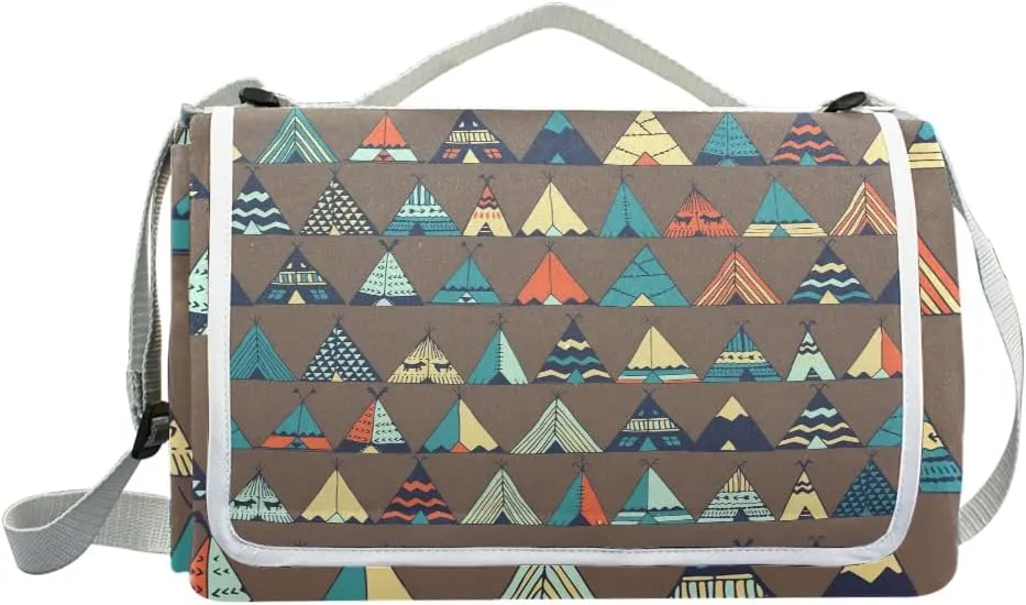 MNSRUU Picnic Blanket Waterproof Foldable, Boho Native Tent Illustration Large Outdoor Picnic Blanket Beach Blankets Camping Blanket Travel Mat, Shoulder Strap Tote, Rectangle 57x59in