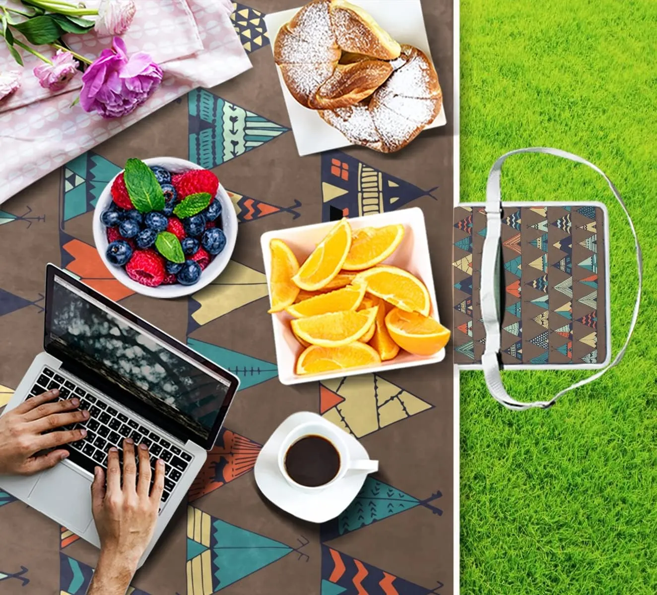 MNSRUU Picnic Blanket Waterproof Foldable, Boho Native Tent Illustration Large Outdoor Picnic Blanket Beach Blankets Camping Blanket Travel Mat, Shoulder Strap Tote, Rectangle 57x59in