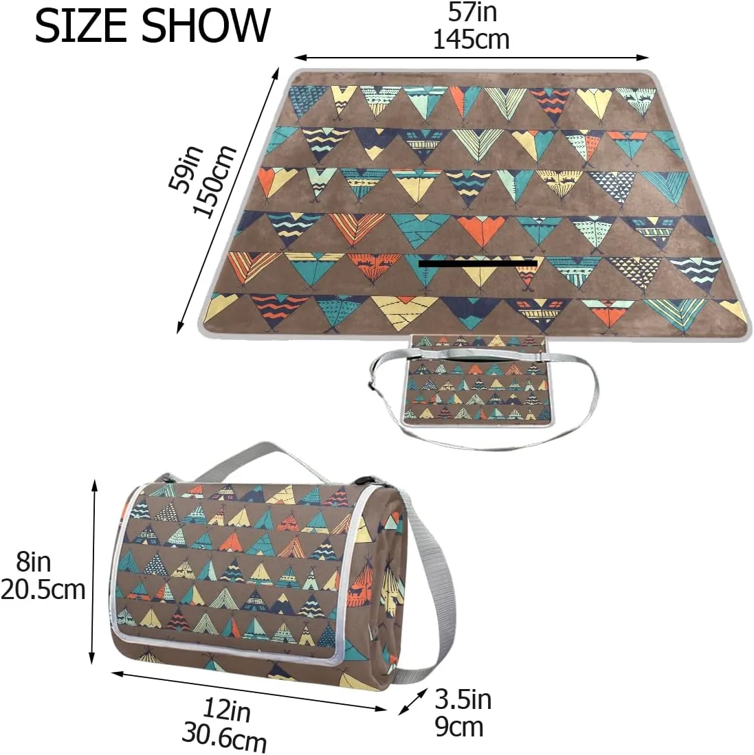 MNSRUU Picnic Blanket Waterproof Foldable, Boho Native Tent Illustration Large Outdoor Picnic Blanket Beach Blankets Camping Blanket Travel Mat, Shoulder Strap Tote, Rectangle 57x59in