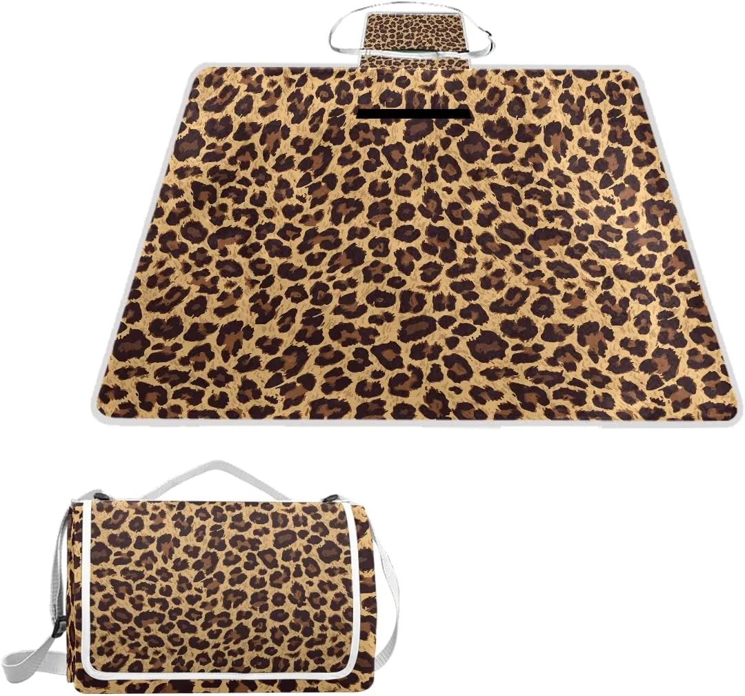 MNSRUU Picnic Blanket Waterproof Foldable, Leopard Pattern Large Outdoor Picnic Blanket Beach Blankets Camping Blanket Travel Mat, Shoulder Strap Tote, Rectangle 57x59in
