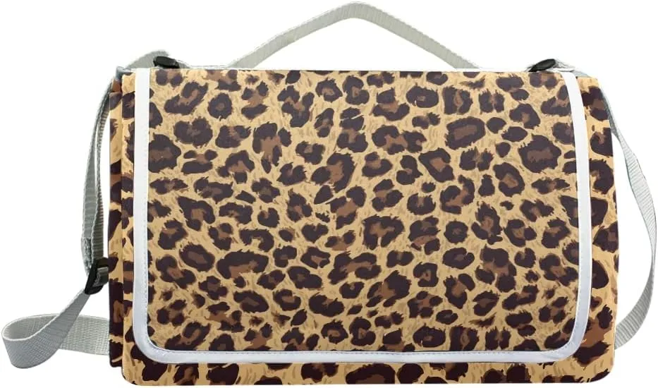 MNSRUU Picnic Blanket Waterproof Foldable, Leopard Pattern Large Outdoor Picnic Blanket Beach Blankets Camping Blanket Travel Mat, Shoulder Strap Tote, Rectangle 57x59in