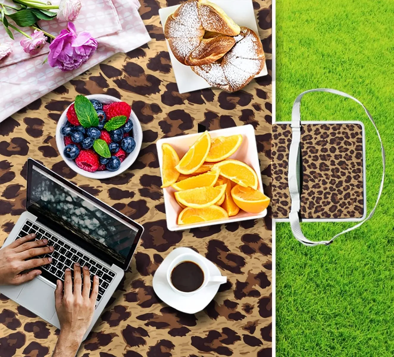 MNSRUU Picnic Blanket Waterproof Foldable, Leopard Pattern Large Outdoor Picnic Blanket Beach Blankets Camping Blanket Travel Mat, Shoulder Strap Tote, Rectangle 57x59in