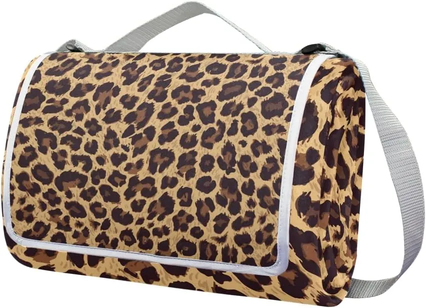 MNSRUU Picnic Blanket Waterproof Foldable, Leopard Pattern Large Outdoor Picnic Blanket Beach Blankets Camping Blanket Travel Mat, Shoulder Strap Tote, Rectangle 57x59in