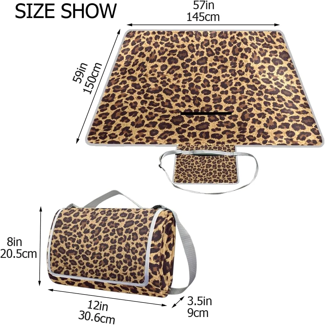 MNSRUU Picnic Blanket Waterproof Foldable, Leopard Pattern Large Outdoor Picnic Blanket Beach Blankets Camping Blanket Travel Mat, Shoulder Strap Tote, Rectangle 57x59in