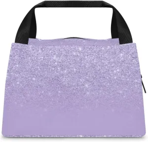 Modern Purple Lavender Glitter Ombre Color Block Insulated Lunch Bag, Reusable, Portable, And Insulated Work Travel Handbag