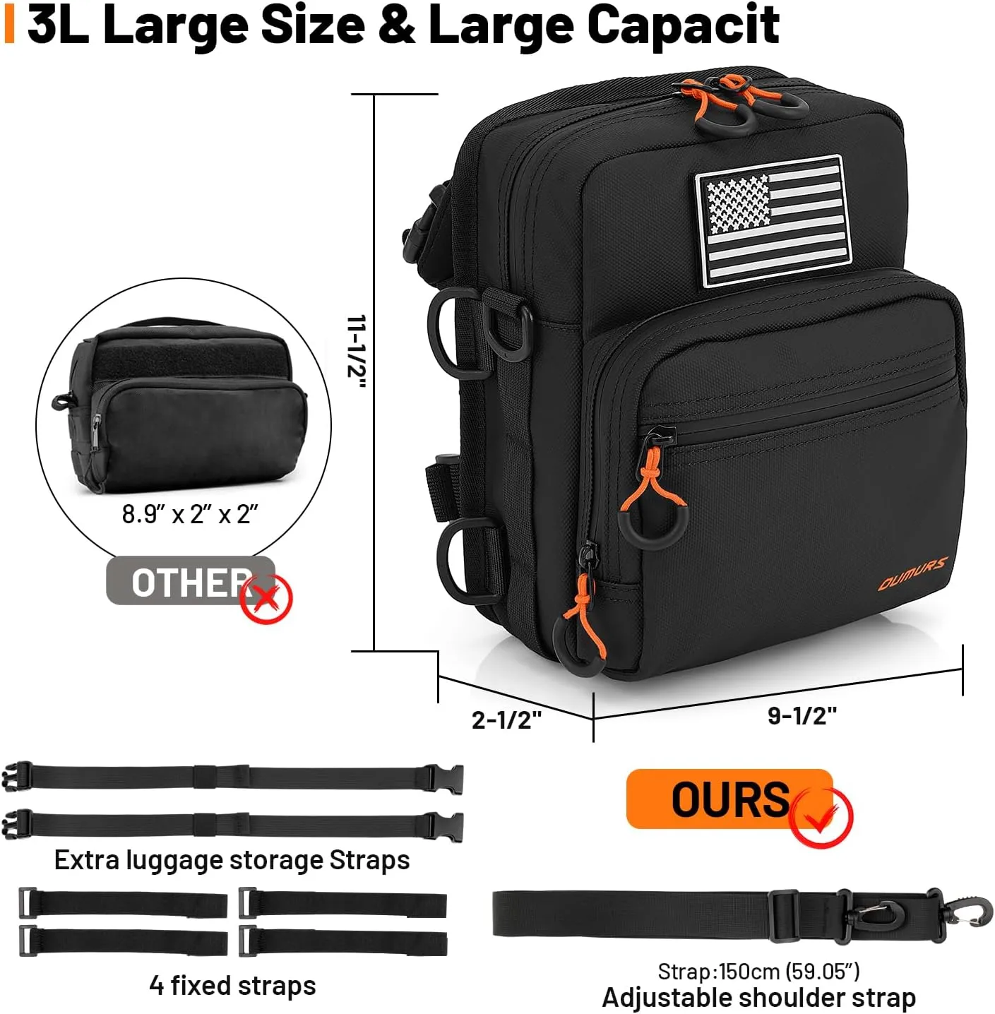 Motorcycle Handlebar Bags,1800D Water-resistant Universal Bar bag American Flag Sissy Bar Bag Front Fork Storage Accessory Bag, For Softail Dyna Sportsters Dirt Bike Scooter E-bike Bicycle