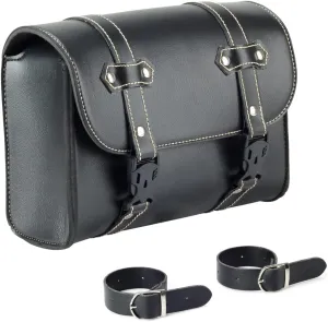 Motorcycle Handlebar Tool Bag, Black Leather Front Fork Saddlebag Storage Sissy Bar Pouch Universal Travel Accessory Pouch with 2 Straps