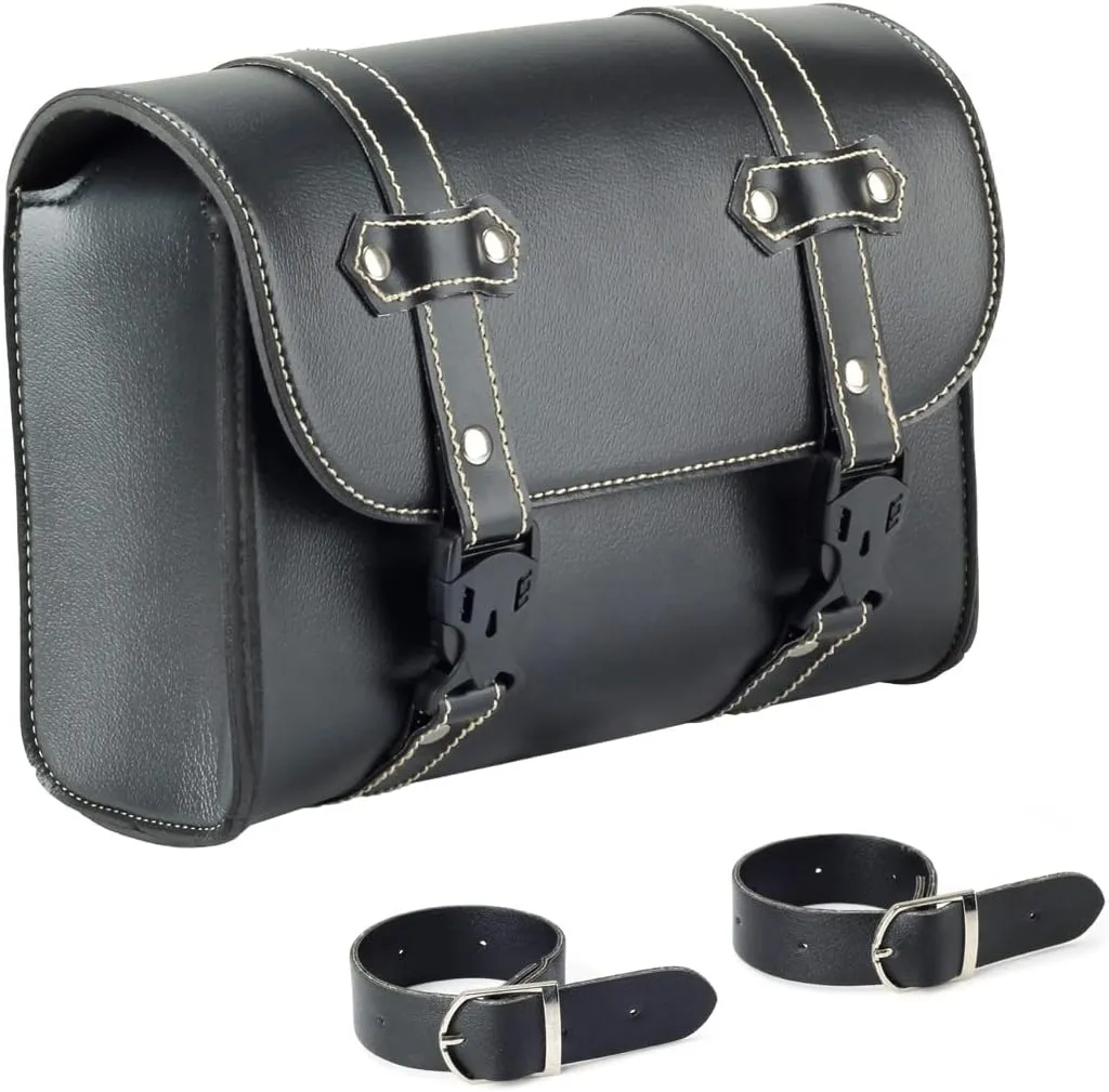 Motorcycle Handlebar Tool Bag, Black Leather Front Fork Saddlebag Storage Sissy Bar Pouch Universal Travel Accessory Pouch with 2 Straps