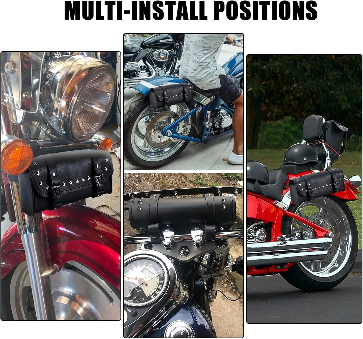 Motorcycle Tool Bags - Universal Handlebar & Fork Bag with Studs (Black, 12'x3.5'x4.75')