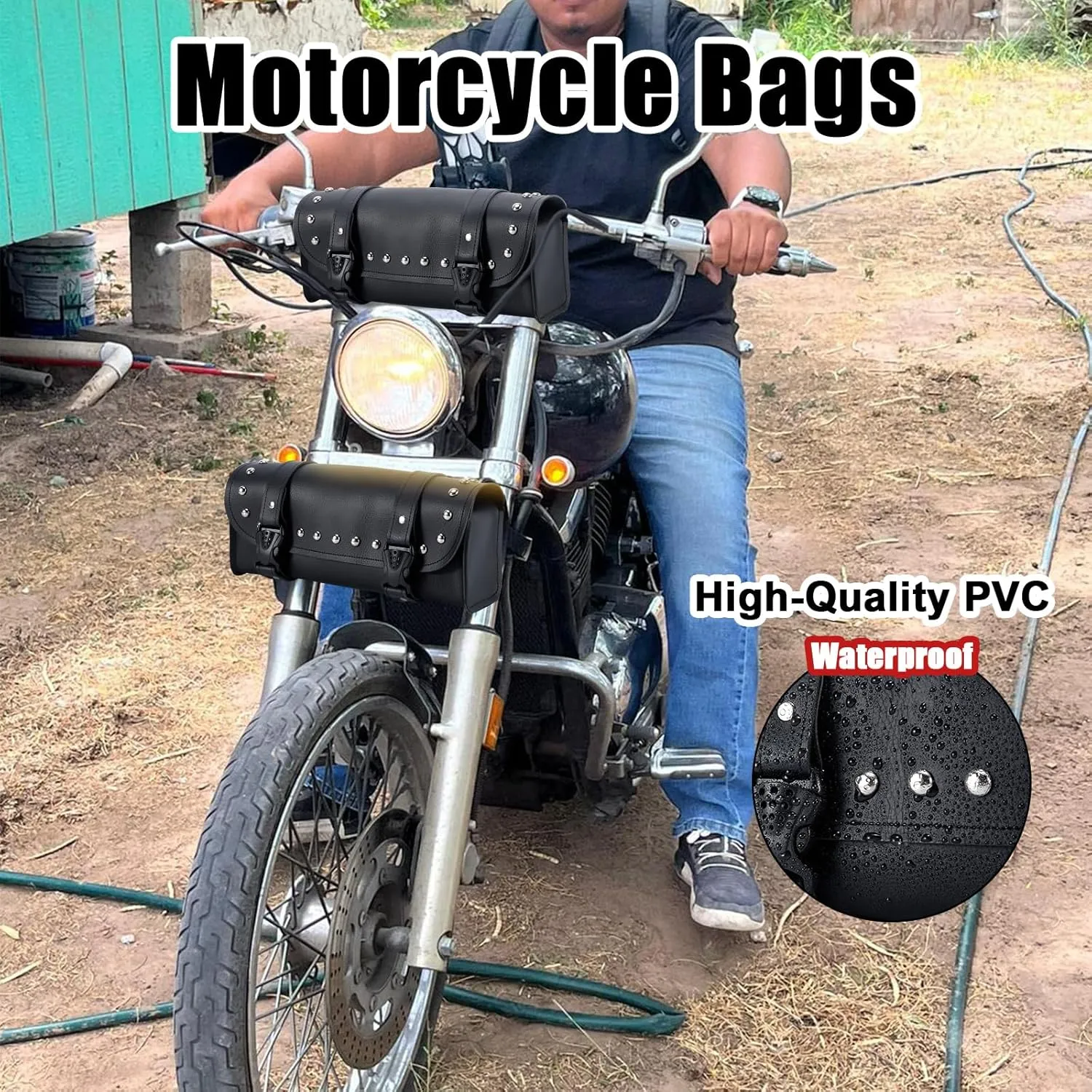 Motorcycle Tool Bags - Universal Handlebar & Fork Bag with Studs (Black, 12'x3.5'x4.75')