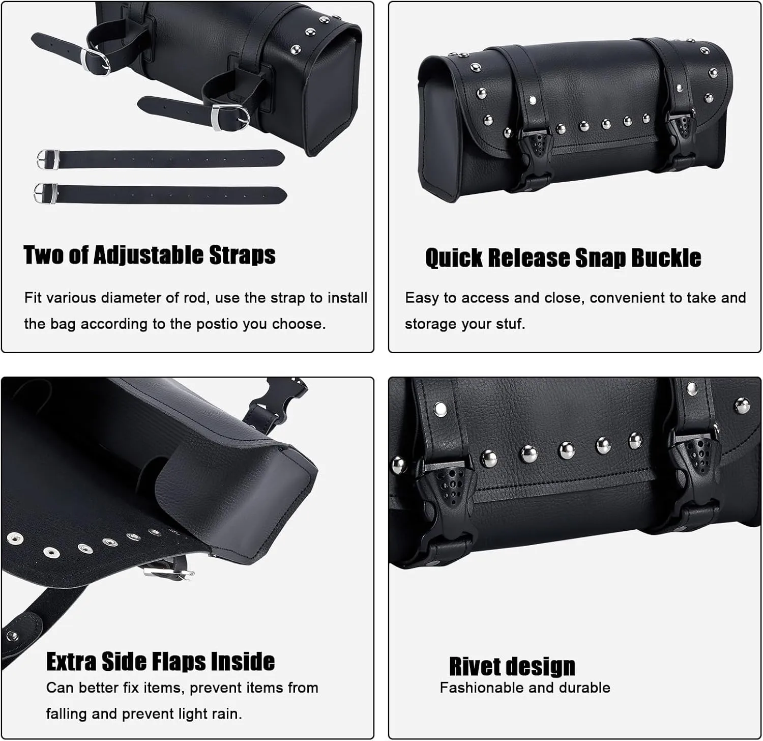 Motorcycle Tool Bags - Universal Handlebar & Fork Bag with Studs (Black, 12'x3.5'x4.75')
