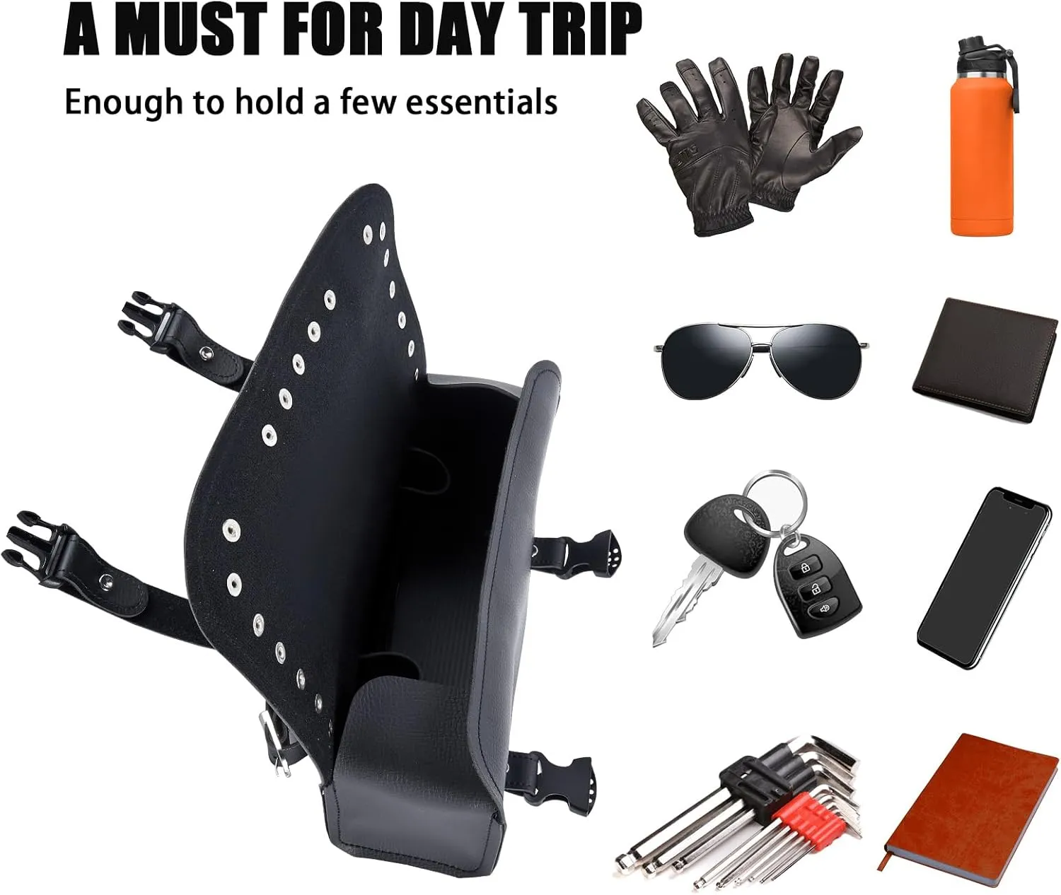 Motorcycle Tool Bags - Universal Handlebar & Fork Bag with Studs (Black, 12'x3.5'x4.75')