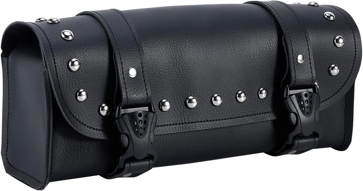 Motorcycle Tool Bags - Universal Handlebar & Fork Bag with Studs (Black, 12'x3.5'x4.75')