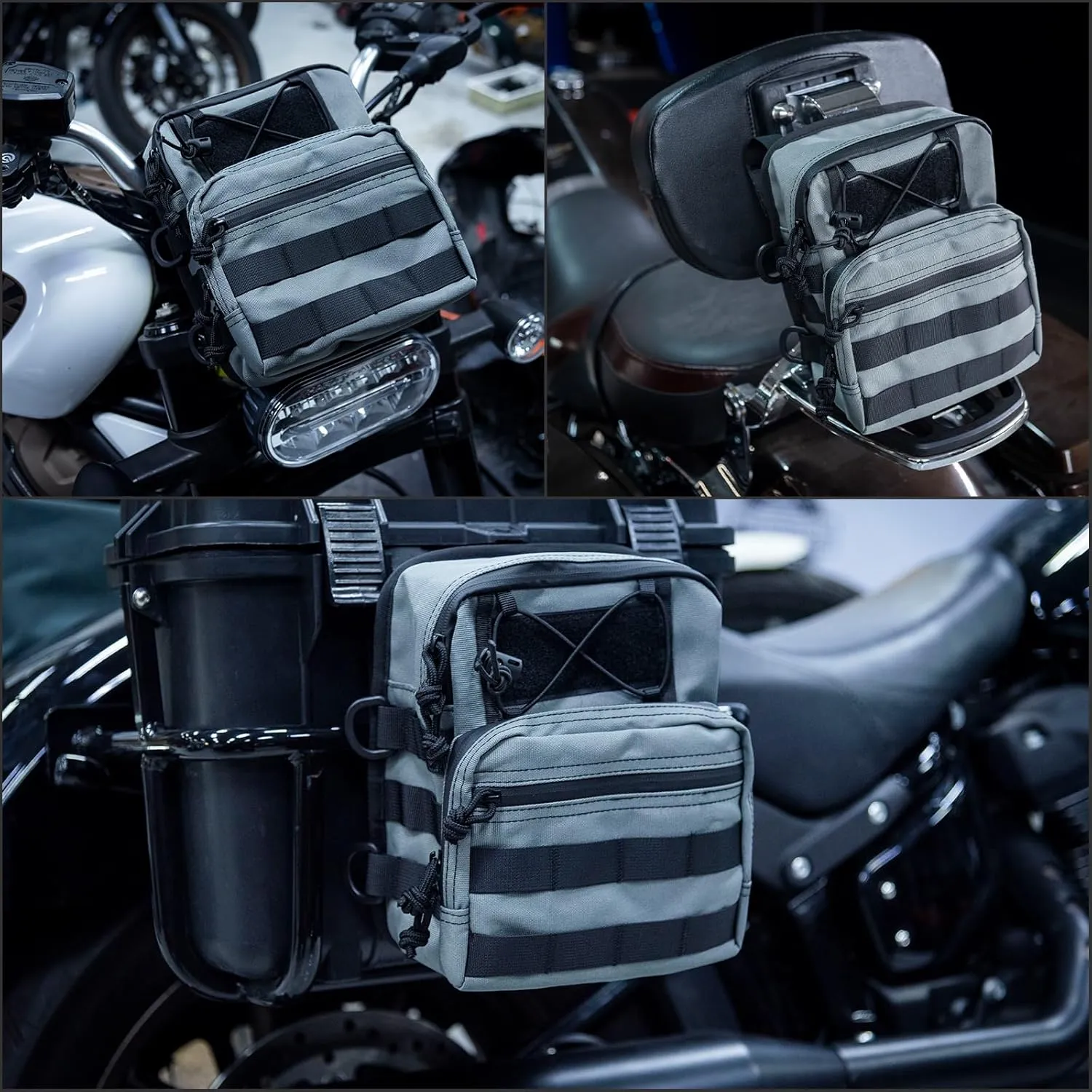 Motorcycle Universal Club Style Utility Molle Traveller Bar Handlebar T-Bar Bag Handle Bags, Fit For Harley Dyna Street Bob FXBB Softail Sportster, Tool Pouch Trunk Storage Bag, Gunship Gray