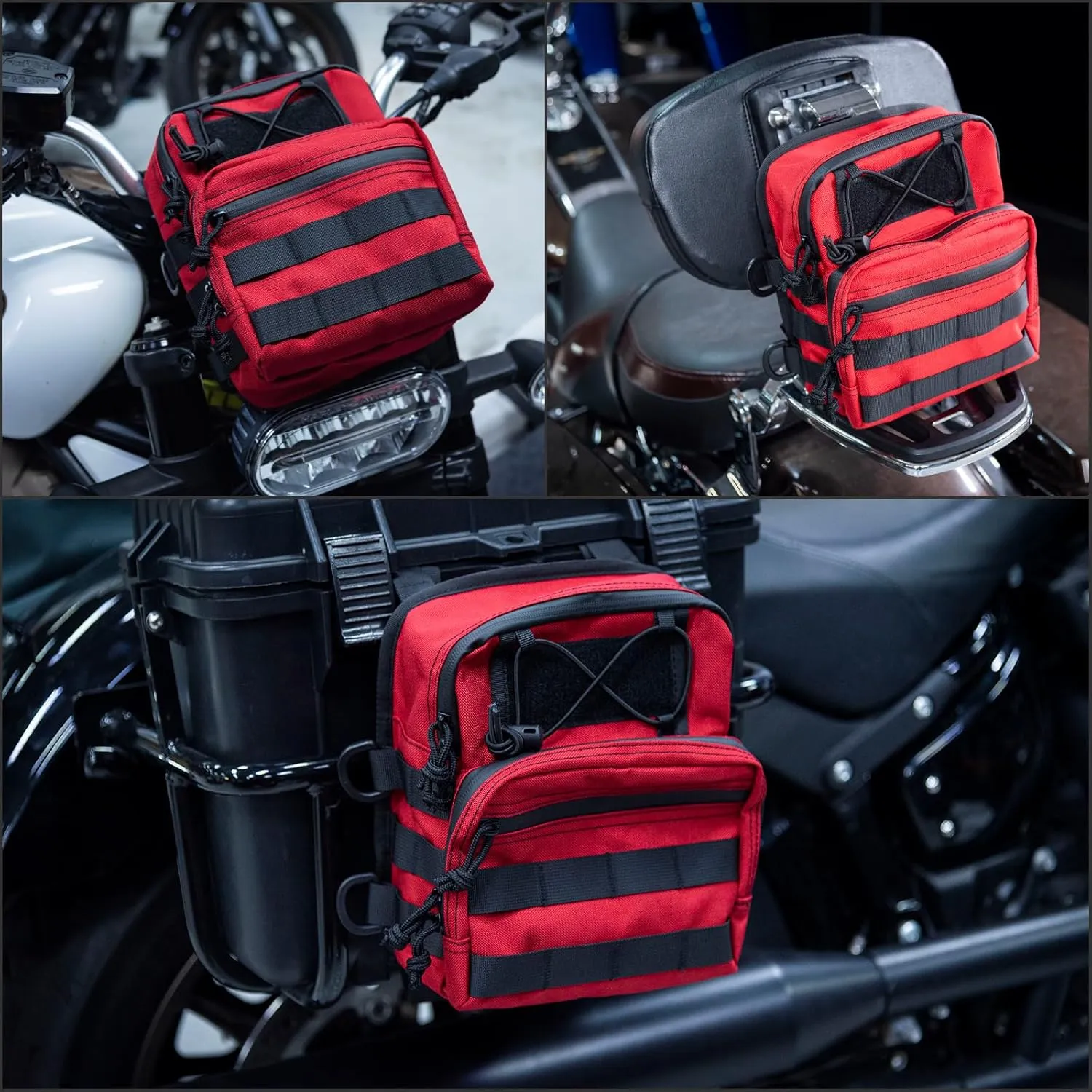 Motorcycle Universal Club Style Utility Molle Traveller Bar Handlebar T-Bar Bag Handle Bags, Fit For Harley Dyna Street Bob Softail Sportster, Tool Pouch Trunk Storage Bag, Velocity Red Sunglo